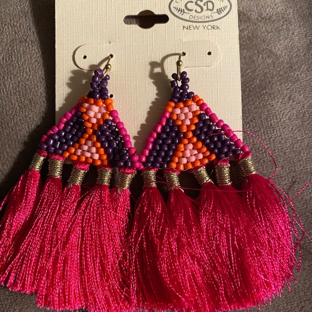 Beaded and fringe hanging earrings
